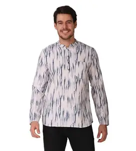 Men's Cotton Rayon Digital Printed Mandarin Collar Short Kurta (Blue, L)-PID59988