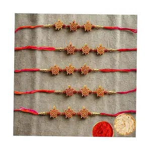 TRUESTAR Spiritual Rakhi Set for Brothers – 5 Rudraksha Rakhis with Om Symbol & Tortoise Design | Raksha Bandhan Essentials