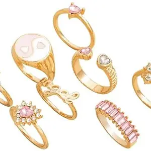 Rubique Y2K Style 8Pcs Rhinestone Rings For Girl Alloy Zircon Gold Plated Ring Set - Set of 8