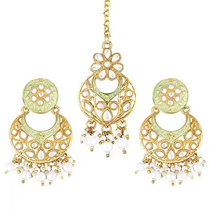 Peora Gold Plated Kundan Pearl Mint Chandbali Earring Maang Tikka Traditional Jewellery Set