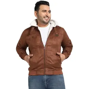 Instafab Plus Men's Brown Zip-Front Jacket With Fleece Detail For Casual Wear | High Neck | Long Sleeve | Zipper Closure | Suede Jacket Crafted With Comfort Fit For Everyday Wear