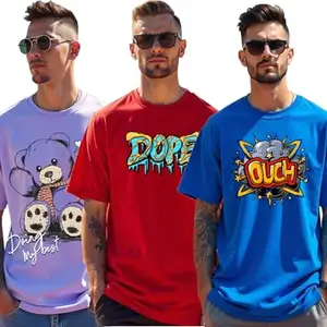 RodZen® Oversized Loose Fit Half Sleeves Round Neck Printed Cotton Blend Combo T-Shirt for Men (Pack of 3) (Royal,Lavender,Red; M)