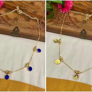 Gold-Plated Chain Necklace with Blue Stone Charms and Coin Pendants, Traditional Design