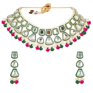 Lucky Jewellery Designer White Gold-Plated Kundan Choker Necklace Set for Women & Girls – Green Meenakari Work (842-ISK-2031-RG)
