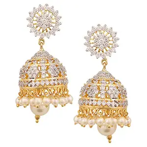 Swasti Jewels Royal Jhumka Collection Stone Gold Plated & Rhodium Plated and American Diamond Jhumka Earrings for Women, White