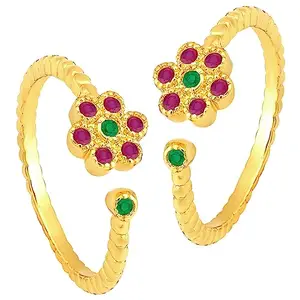 Peora Rani Pink Green Gold Plated Cubic Zirconia Studded Adjustable Toe Rings Stylish Bichiya Jewellery for Women