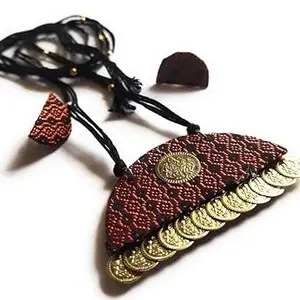 Spunky Jewel Fancy Fabric Women's Traditional Combo Of Lakshmi Coin Set Neckpiece With Earring Set (Brick&Black)