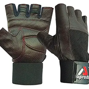 Aprodo Soft Leather Gym Gloves with Wrist Support + Double Stitched Fingers and Palm - Breathable Mesh Lycra On Back + Easy Open Finger Tab Size Adjuster, Free Size (Dark Brown, Free Size)