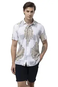 SNITCH Victorian Damask White Shirt Rayon Slim Fit Shirt|Anti-Dust|Coin Pocket |Two Patch Pocket |Comfort Stretch