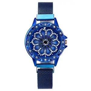 Gold Time Magnetic Locking Design 360° Rotating Unique Diamonds Studded Dial Design Analog Wrist Watch - for Women & Girls (Blue)