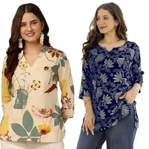 MS VHCK ENTERPRISE Women's Cotton Printed Short Kurti, Round Neck, Three Quarter Sleeve, Straight Fit, Pack of 2