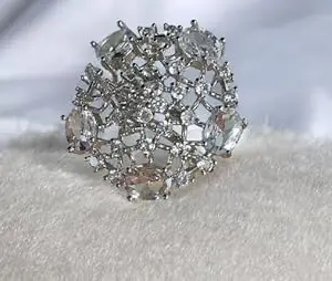 American Diamond Ring, Silver-Toned Brass, Crystal Studded Floral Design