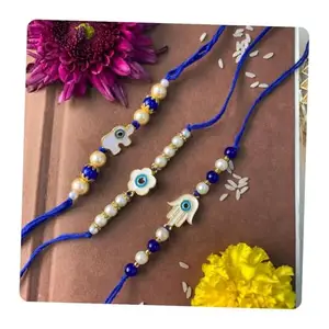 I Jewels Rakshabandhan Enamel Evil Eye Rakhi Combo Set With Roli Chawal For Bhaiya/Brother/Bro/Men (R125-126-127)