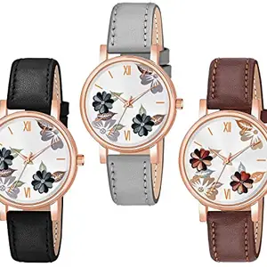 || MV International || Analog 3 Different Color Flowered Dial Watch for Women and Girls Single and Combo Watches for Women and Girl Pack of 3