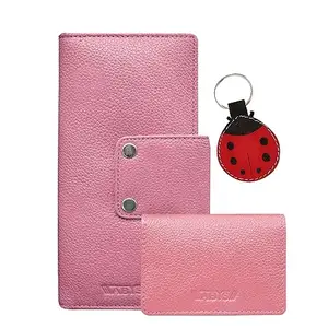 ABYS Genuine Leather Pink Long Women Wallet/Unisex Card Holder with Keyring Combo Offer