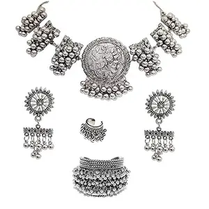 Traditional Meenakari Ghungroo Necklace Set with Matching Bracelet and Ring for Women