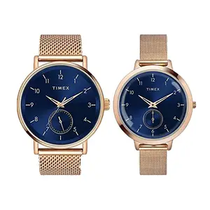 TIMEX Stainless Steel Unisex Fashion Collection Multifunction Pair'S Analog Blue Dial Coloured Quartz Watch, Round Dial with 43 Mm Case Width - Tw00Pr293