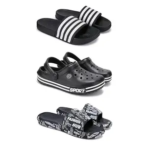 DRACKFOOT Lightweight Classic Slider || Sandals with Clogs for Men-Combo(3)-3024-3014-3103-7 Black