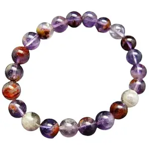 RRJEWELZ Natural Amethyst Cacoxenite Round Shape Smooth Cut 8mm Beads 7.5 inch Stretchable Bracelet for Healing, Meditation, Prosperity, Good Luck | STBR_00531