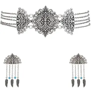 VOYLLA Boho Tribe Nomadic Oxidised Choker Necklace Set For Women|Women Choker Necklace Sets|Gift For Her|Women's Gift|For Sister|For Lover|For Girlfriend|For Wife|Summer|Travel|Casual