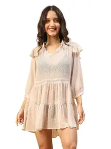 oxolloxo Women Blue Printed V-Neck with Frill Long Sleeve Beachwear Chiffon Dress with Lace & Ruffle Detailing