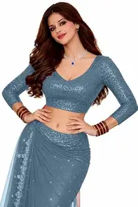 PU Fashion Saree Blouse for Women Long Sleeve Readymade Stylish Sequin Embroidery Designer Choli with Sequence Work Back Hook