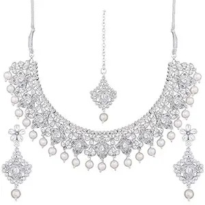I Jewels Traditional Oxidised Silver Plated CZ Stone Studded & Pearl Necklace Set with Earrings & Maang Tikka for Women (M4108S)