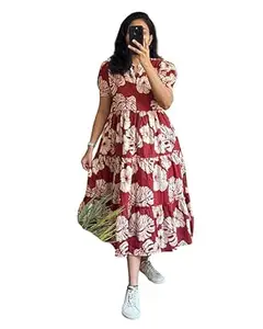 Women's Floral Print Tiered Maxi Dress, Puff Sleeves, V-Neck, Midi Length