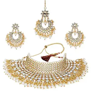 I Jewels 18K Gold Plated Traditional Kundan & Pearl Studded Bridal Choker Necklace Jewellery Set for Women (K7085W)