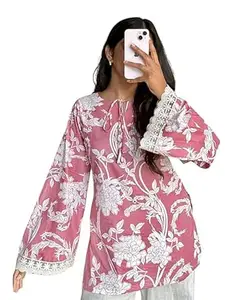 Women’s Floral Printed Viscose Rayon Short Kurti Top | Bell Sleeves with Lace Border | Casual Office Tunic for Girls & Women