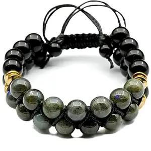 RRJEWELZ Natural Labradorite & Black Tourmaline Round Shape 8mm Smooth Beads Black Color Threaded Double Layer Adjustable Bracelet For Men & Women. |TDBR_0121