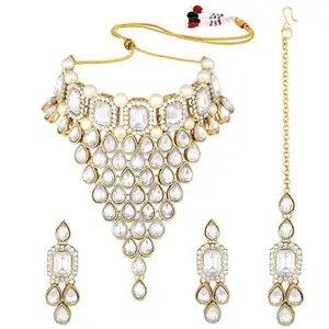 Peora Gold Plated Crystal White Choker Necklace Earring Maang Tikka Fancy Women Jewellery Set