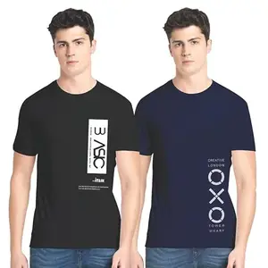STATUS MANTRA Combo Cotton Tshirts for Men Pack of 2 | Round Neck OXO and Basic Printed Casuals Black - Navy Blue Medium