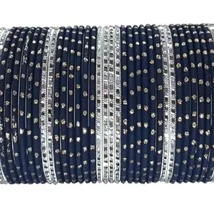 The Golden Cascade B Blue Color Dot Bangles Set with Silver or Gold Chudi for Women and Girls (B Blue-CMKS, Ex Large 2-10)