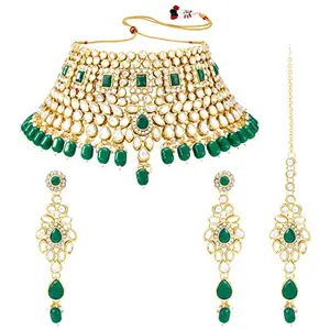Peora Indian Ethnic Gold Plated Green Rani Padmavati Kundan Pearl Bridal Choker Necklace Earrings with Maang Tikka Set for Women