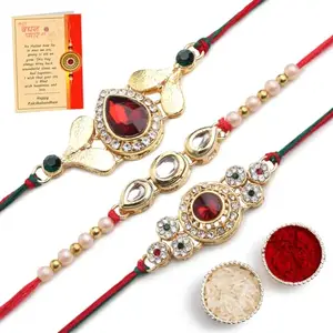 SKYTRENDS Rakhi For Brother Exquitely Kundan Designer | Rakhi For Brother Set Gold Plated Premium | Rakhi Set of 3 with Greeting Card and Roli Chawal (MODEL-2)