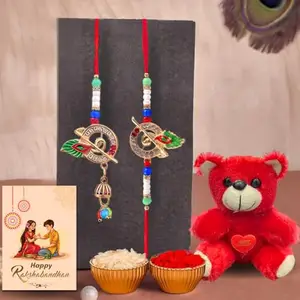 DIKANG Premium Rakhi Set for Brother and Bhabhi with Mini Teddy Bear Soft Toy | Matching Rakhi Set for Bhai with Roli Chawal Tilak Set - LUMBA-5