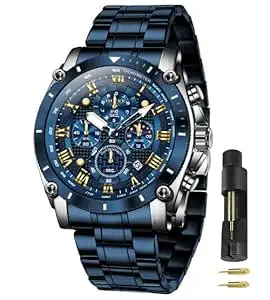 OLEVS Men Watches Branded Chronograph Analog Quartz Fashion Blue Stainless Steel Waterproof Date Wrist Watch for Men