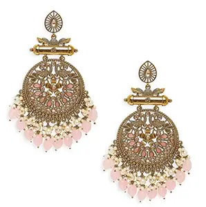 fabula Jewellery Pink & Gold Kundan With Pearls Peacock Ethnic Large Drop Earrings For Women & Girls Stylish Latest (ECK166_AFR1)