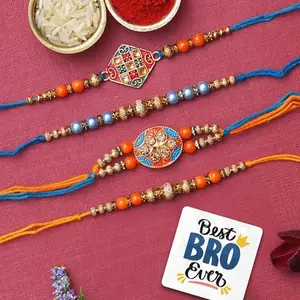eCraftIndia Set of 4 Blue & Orange Kundan Pearl Designer Rakhis, Best Bro Ever Fridge Magnet with Roli Chawal Pack - Rakhis for Brother