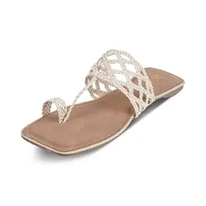 TOUCH HEEL Women Flats - Ladies Girls Latest T-Strap Flat Sandals - Stylish Braided Slip-On Summer Footwear (Cream,7UK)