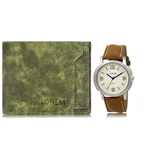 LOREM Combo of Brown Wrist Watch & Green Color Artificial Leather Wallet (Wl16-Lr16-Fz)