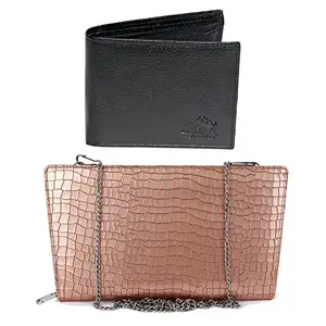 Leather Junction Faux Leather Golden Women's Wallet & Black Men's Wallet Combo Set (214060133688)