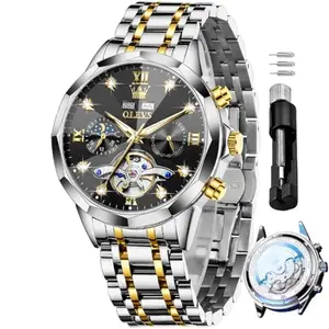 OLEVS Automatic Watches for Men Original Skeleton Tourbillon Luxury Mechanical Self Winding Stainless Steel Silver Band, Silver Dial Analog Wrist Watch Waterproof Date