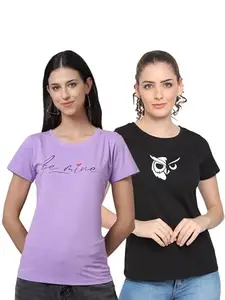 Printed Women Round Neck Purple, Black T-Shirt BZ-UNCBTE-321-MNBK-XL