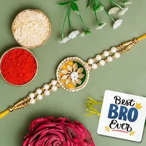 eCraftIndia Pearl Designer Rakhi for Brother with Best Bro Ever Fridge Magnet and Roli Chawal Pack