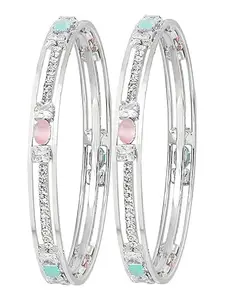 9blings Rhodium Plated Mint Green And Pink CZ Stone 2pc Bangle For Women and Girls