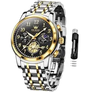 OLEVS Men's Business Watch Gold Blue with Large Easy-Read Analog Quartz Date Display Luxury Stainless Steel Band Waterproof Luminous Hands
