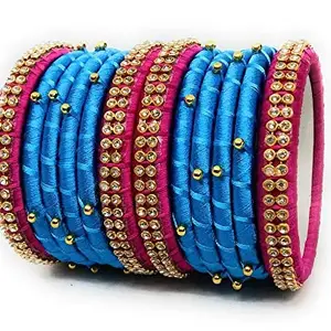 thread trends Plastic Base Metal & Pearl Bangles for Women (Pack of 12 ) (Sky Blue & Pink)