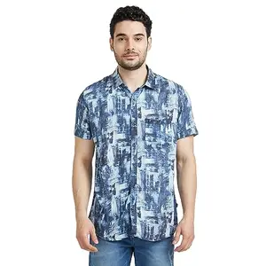 Spykar Men Navy Blue Viscose Regular Slim Fit Half Sleeve Printed Shirt